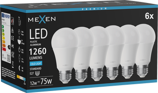 Mexen Nova 6x Žárovka LED E27, A60, 12W, Studená - 6500K, 1260 lm - L100-E27-1265-01x06