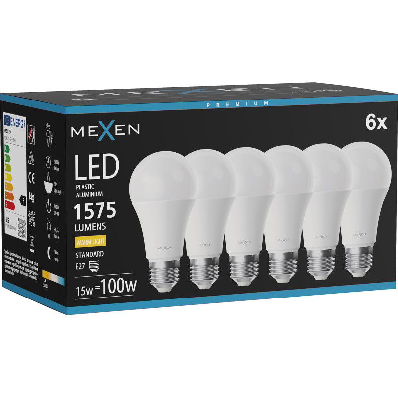 Mexen Nova 6x Žárovka LED E27, A60, 15W, Teplá - 3000K, 1575 lm - L100-E27-1530-01x06