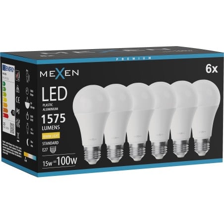 Mexen Nova 6x Žárovka LED E27, A60, 15W, Teplá - 3000K, 1575 lm - L100-E27-1530-01x06