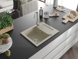 Mexen Enzo granitový dřez 1-komorový s odkapávačem 576 x 465 mm, béžový, sifon chrom - 6506571005-69