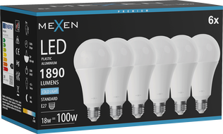 Mexen Nova 6x LED žárovka E27, A70, 18W, Studená - 6500K, 1890 lm - L100-E27-1865-01x06