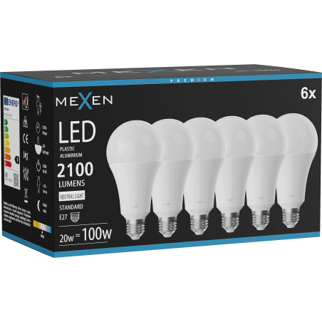 Mexen Nova 6x LED žárovka E27, A70, 20 W, Neutrální - 4000K, 2100 lm - L100-E27-2040-01x06