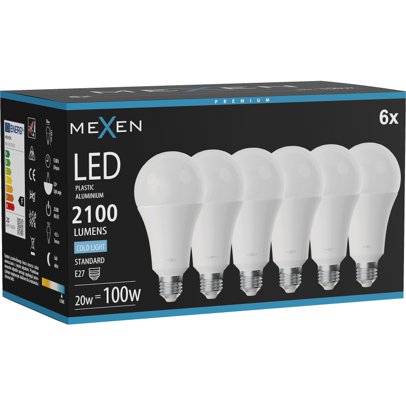 Mexen Nova 6x Žárovka LED E27, A70, 20W, Studená - 6500K, 2100 lm - L100-E27-2065-01x06