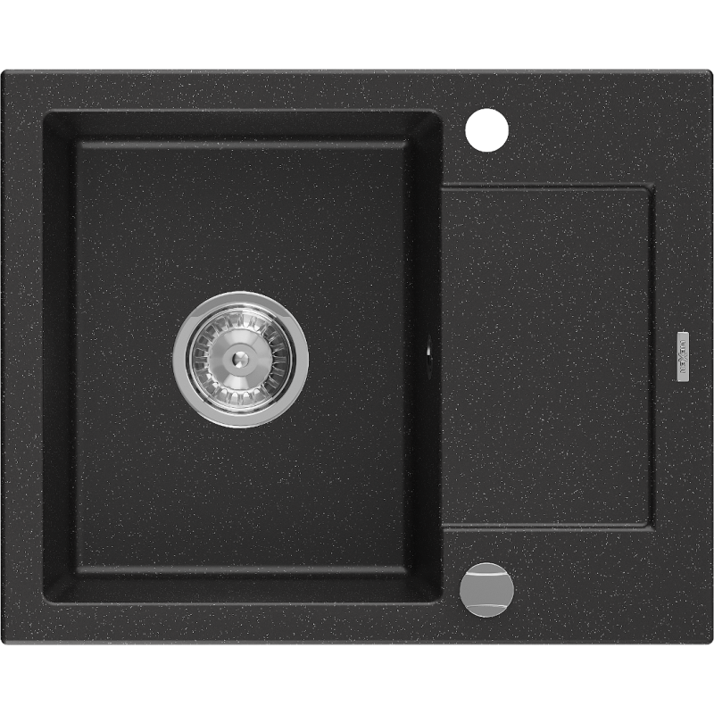 Mexen Enzo granitový dřez s odkapávačem, 1-komorový, 576 x 465 mm, černý/stříbrný metalik, sifon chrom - 6506571005-73