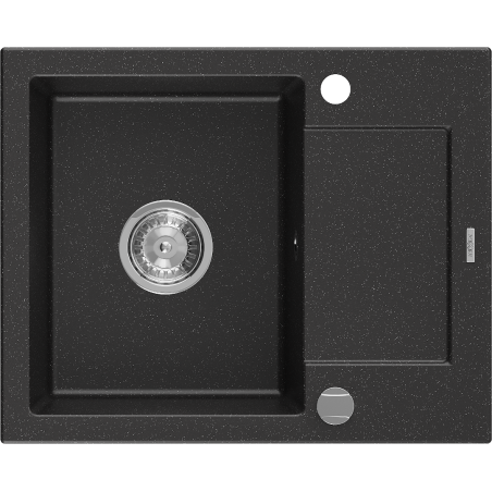 Mexen Enzo granitový dřez s odkapávačem, 1-komorový, 576 x 465 mm, černý/stříbrný metalik, sifon chrom - 6506571005-73