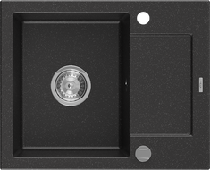 Mexen Enzo granitový dřez s odkapávačem, 1-komorový, 576 x 465 mm, černý/stříbrný metalik, sifon chrom - 6506571005-73