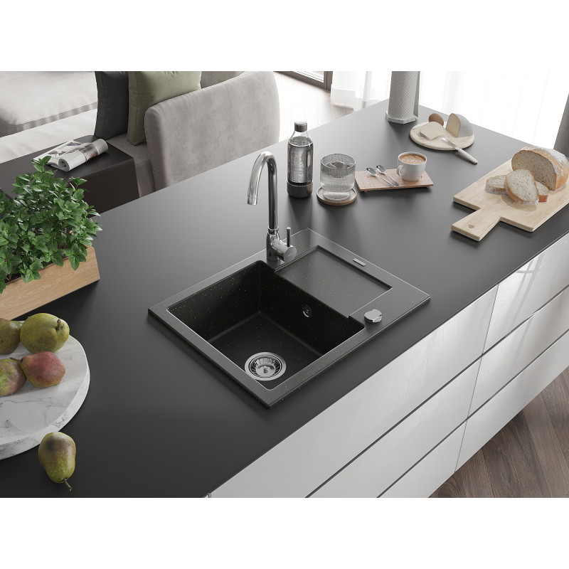 Mexen Enzo granitový dřez 1-komorový s odkapávačem 576 x 465 mm, černý/zlatý metalik, chrom sifon - 6506571005-75