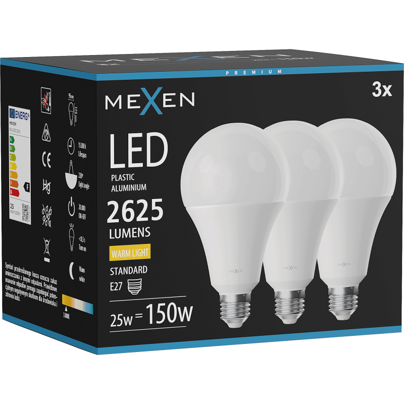 Mexen Nova 3x LED žárovka E27, A95, 25W, Teplá - 3000K, 2625 lm - L100-E27-2530-01x03