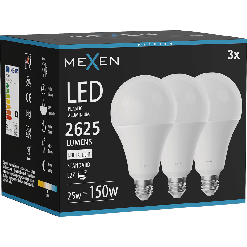 Mexen Nova 3x LED žárovka E27, A95, 25W, Neutrální - 4000K, 2625 lm - L100-E27-2540-01x03