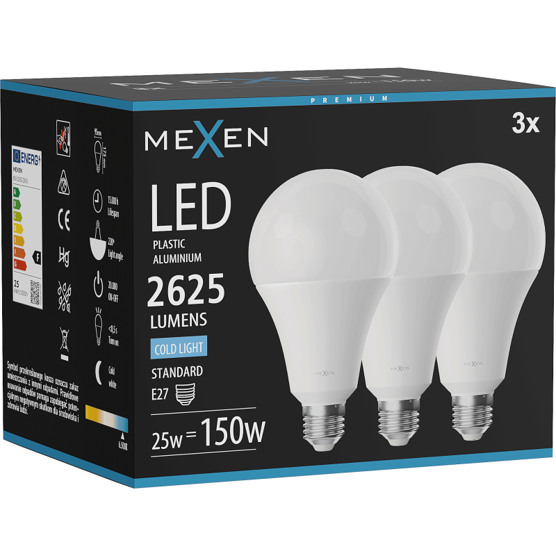 Mexen Nova 3x LED žárovka E27, A95, 25W, Studená - 6500K, 2625 lm - L100-E27-2565-01x03