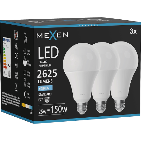 Mexen Nova 3x LED žárovka E27, A95, 25W, Studená - 6500K, 2625 lm - L100-E27-2565-01x03