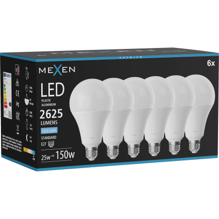 Mexen Nova 6x LED žárovka E27, A95, 25W, Studená - 6500K, 2625 lm - L100-E27-2565-01x06