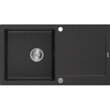 Mexen Leo granitový dřez s 1 komorou a odkapávačem 900 x 500 mm, černý/stříbrný metalik, sifon chrom - 6501901010-73