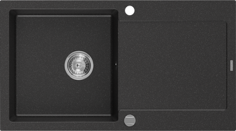 Mexen Leo granitový dřez s 1 komorou a odkapávačem 900 x 500 mm, černý/stříbrný metalik, sifon chrom - 6501901010-73