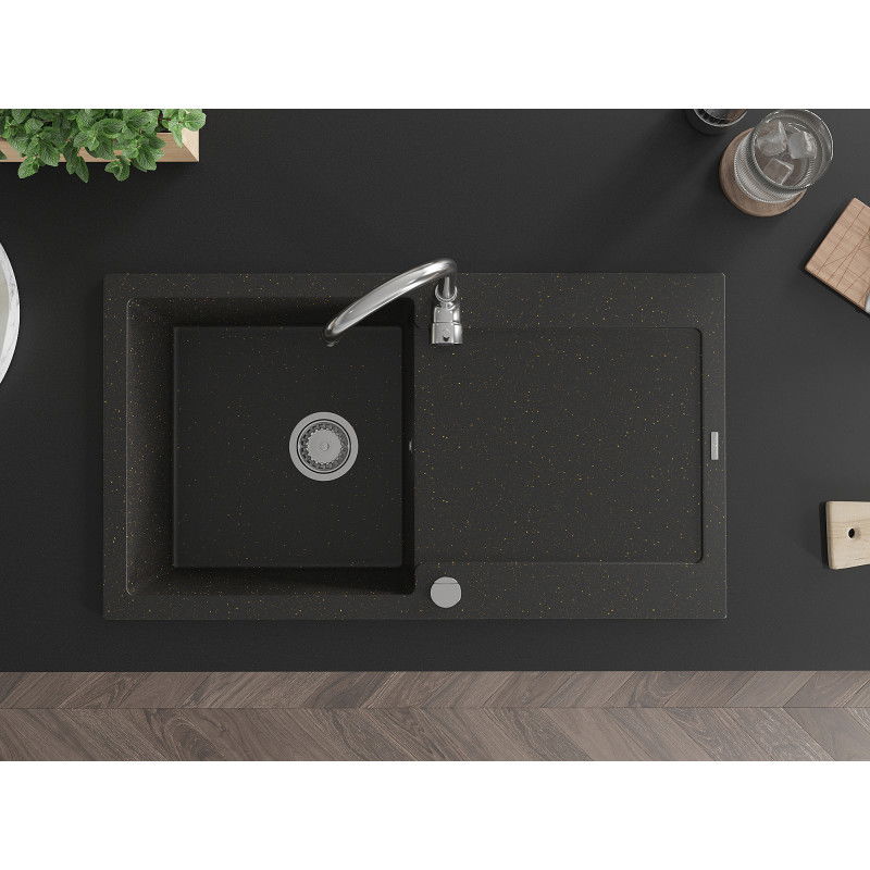 Mexen Leo granitový dřez s 1 komorou a odkapávačem 900 x 500 mm, černý/zlatý metalik, sifon chrom - 6501901010-75