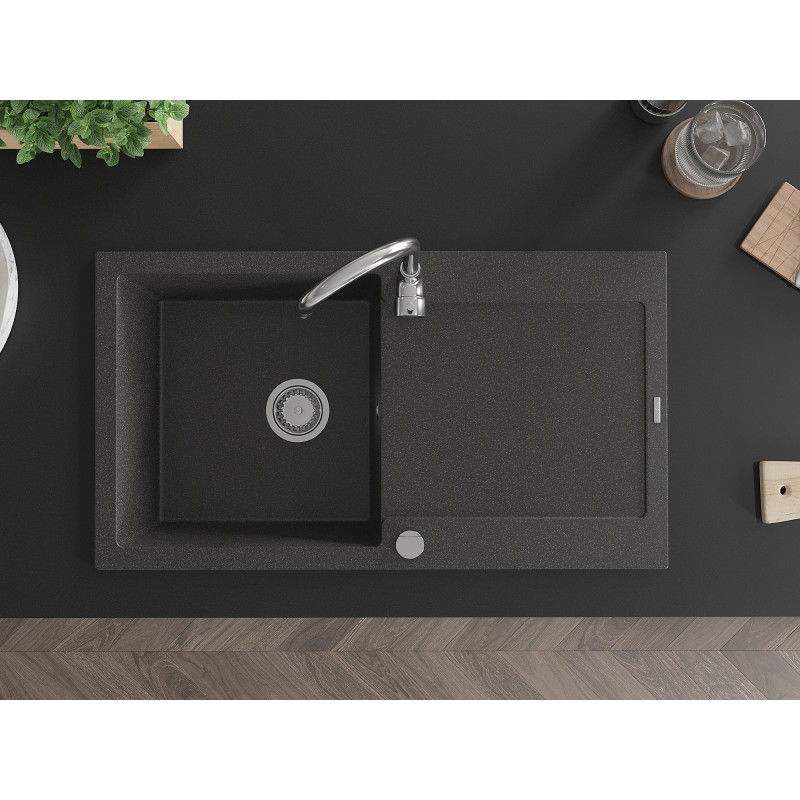 Mexen Leo granitový dřez s 1 komorou a odkapávačem 900 x 500 mm, černý skvrnitý, chromový sifon - 6501901010-76