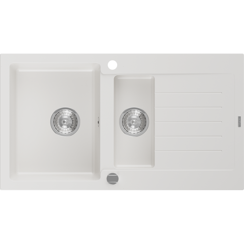 Mexen Matias granitový dřez 1,5-komorový s odkapávačem 900 x 505 mm, bílý, sifon chrom - 6502901505-20