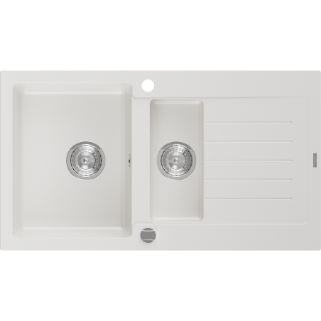 Mexen Matias granitový dřez 1,5-komorový s odkapávačem 900 x 505 mm, bílý, sifon chrom - 6502901505-20