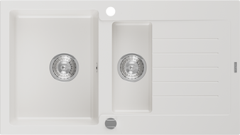 Mexen Matias granitový dřez 1,5-komorový s odkapávačem 900 x 505 mm, bílý, sifon chrom - 6502901505-20