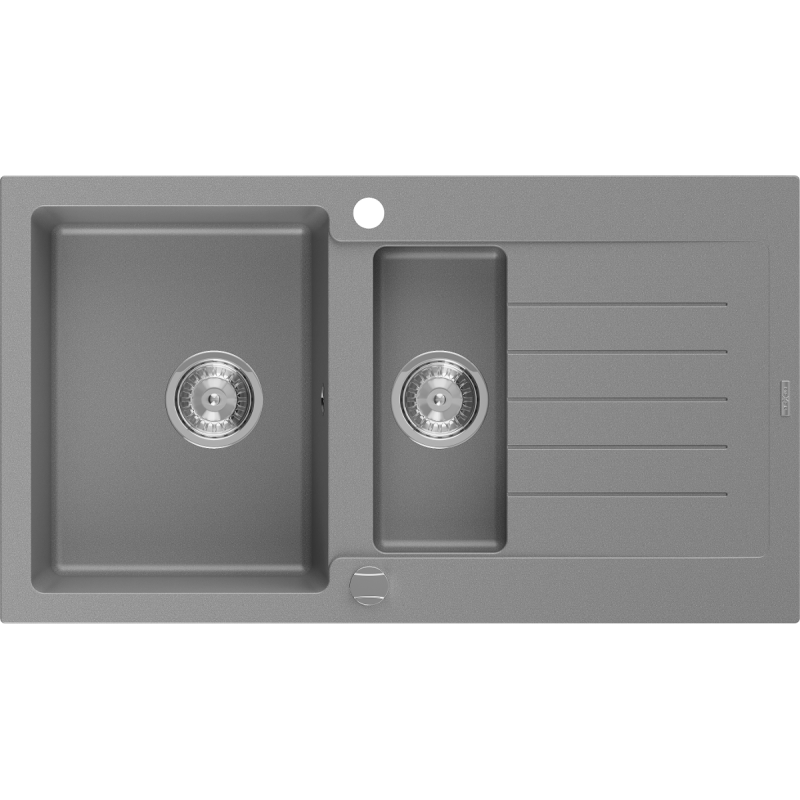 Mexen Matias dřez z umělého kamene 1,5-komorový s odkapávačem 900 x 505 mm, šedý, sifon chrom - 6502901505-71