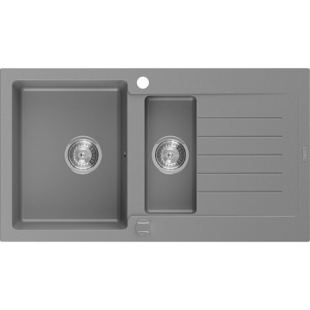 Mexen Matias dřez z umělého kamene 1,5-komorový s odkapávačem 900 x 505 mm, šedý, sifon chrom - 6502901505-71
