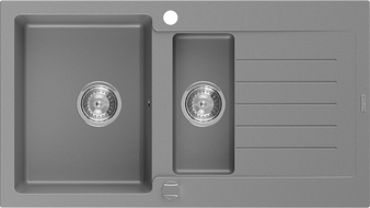 Mexen Matias dřez z umělého kamene 1,5-komorový s odkapávačem 900 x 505 mm, šedý, sifon chrom - 6502901505-71