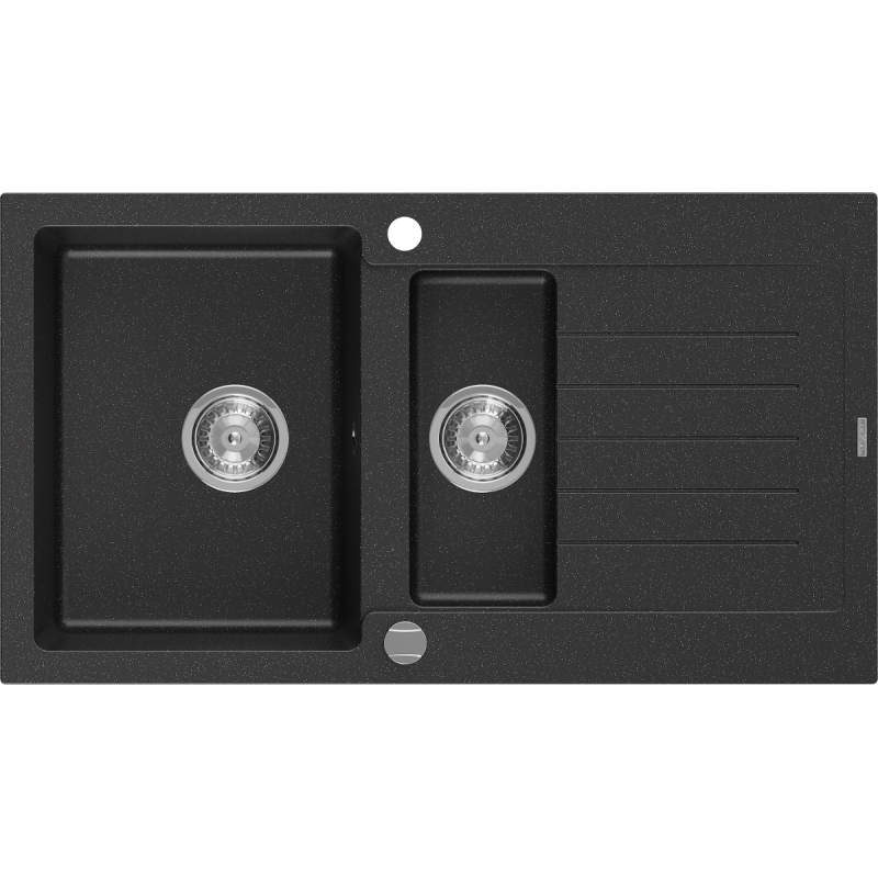 Mexen Matias žulový dřez 1,5komorový s odkapávačem 900 x 505 mm, černý/stříbrný metalický, sifon chrom - 6502901505-73