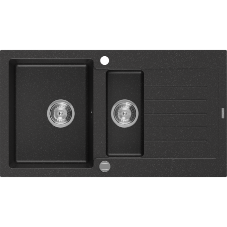 Mexen Matias žulový dřez 1,5komorový s odkapávačem 900 x 505 mm, černý/stříbrný metalický, sifon chrom - 6502901505-73
