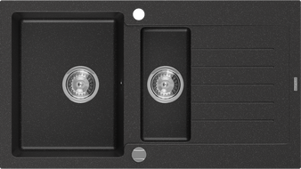 Mexen Matias žulový dřez 1,5komorový s odkapávačem 900 x 505 mm, černý/stříbrný metalický, sifon chrom - 6502901505-73