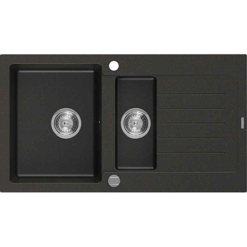 Mexen Matias granitový dřez 1,5-komorový s odkapávačem 900 x 505 mm, černý/zlatý metalík, sifon chrom - 6502901505-75