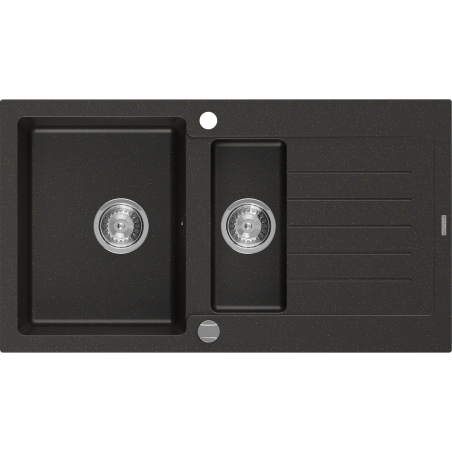 Mexen Matias granitový dřez 1,5-komorový s odkapávačem 900 x 505 mm, černý/zlatý metalík, sifon chrom - 6502901505-75