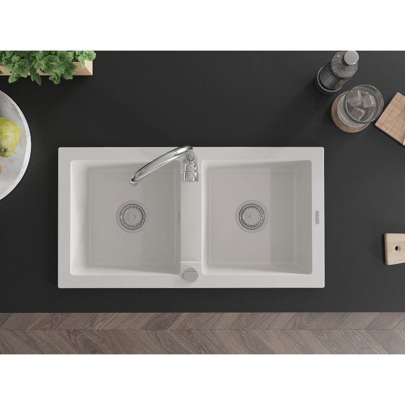 Mexen Mario granitový dřez dvoukomorový 820 x 436 mm, bílý, sifon chrom - 6504822000-20