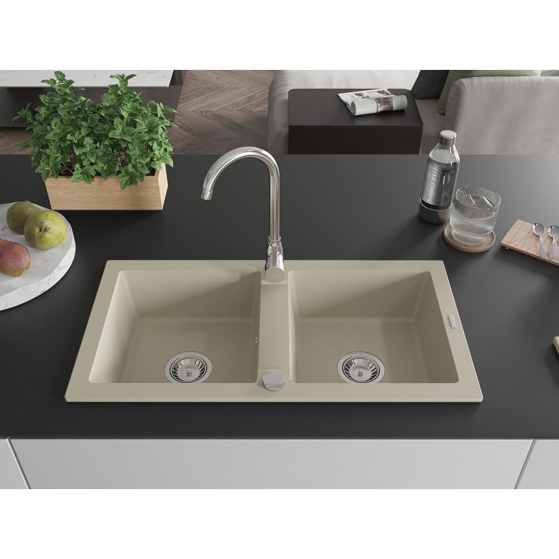 Mexen Mario granitový dřez dvoukomorový 820 x 436 mm, béžový, sifon chrom - 6504822000-69