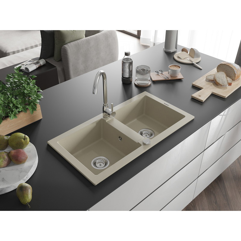 Mexen Mario granitový dřez dvoukomorový 820 x 436 mm, béžový, sifon chrom - 6504822000-69