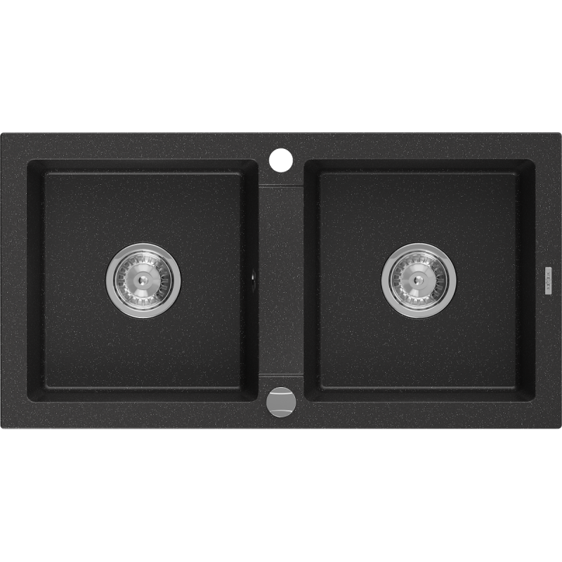 Mexen Mario žulový dřez dvoukomorový 820 x 436 mm, černý/stříbrný metalík, sifon chrom - 6504822000-73