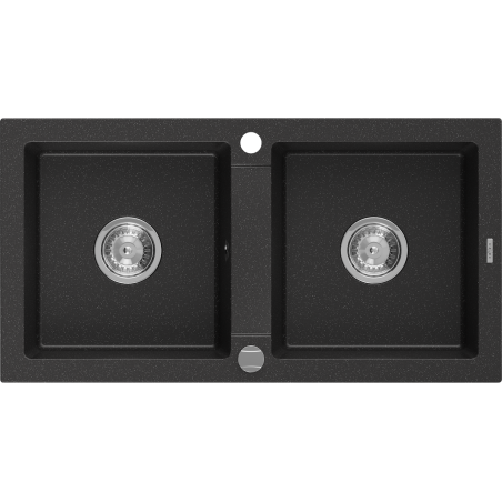 Mexen Mario žulový dřez dvoukomorový 820 x 436 mm, černý/stříbrný metalík, sifon chrom - 6504822000-73