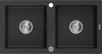 Mexen Mario žulový dřez dvoukomorový 820 x 436 mm, černý/stříbrný metalík, sifon chrom - 6504822000-73