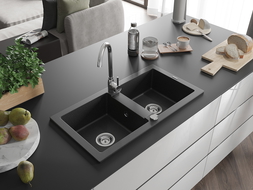 Mexen Mario žulový dřez dvoukomorový 820 x 436 mm, černý/stříbrný metalík, sifon chrom - 6504822000-73