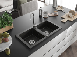Mexen Mario granitový dřez 2-komorový 820 x 436 mm, černý/zlatý metalický, sifon chrom - 6504822000-75