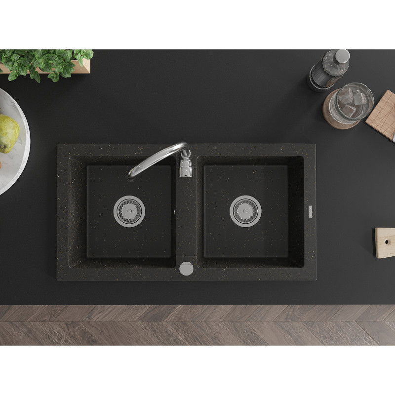 Mexen Mario dvoukomorový kuchyňský dřez 820 x 436 mm, černý/zlatý metalík, sifon chrom - 6504822000-75