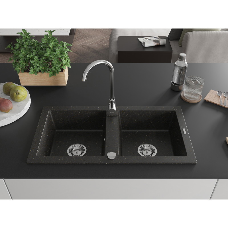 Mexen Mario granitový dřez 2-komorový 820 x 436 mm, černý/zlatý metalický, sifon chrom - 6504822000-75