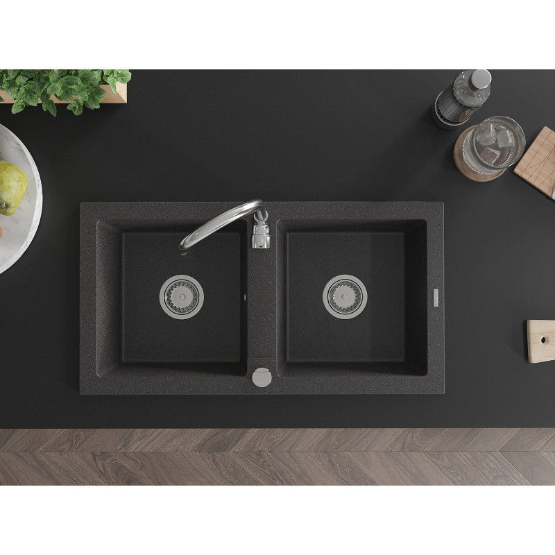 Mexen Mario granitový dřez 2-komorový 820 x 436 mm, černý s tečkami, chrom sifon - 6504822000-76
