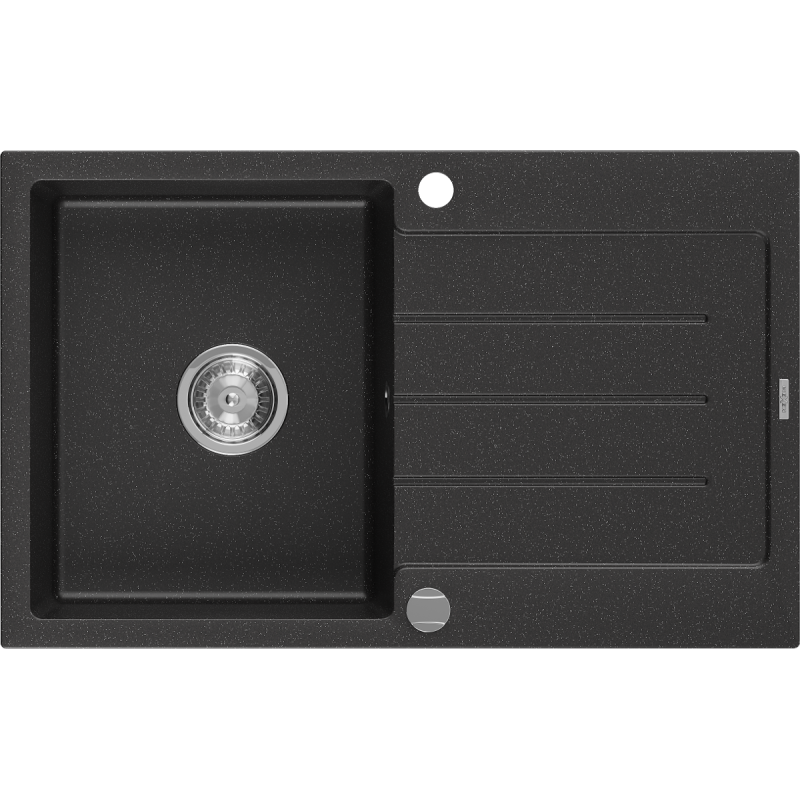 Mexen Bruno jednokomorový granitový dřez s odkapávačem 795 x 495 mm, černý/stříbrný metalik, sifon chrom- 6513791010-73