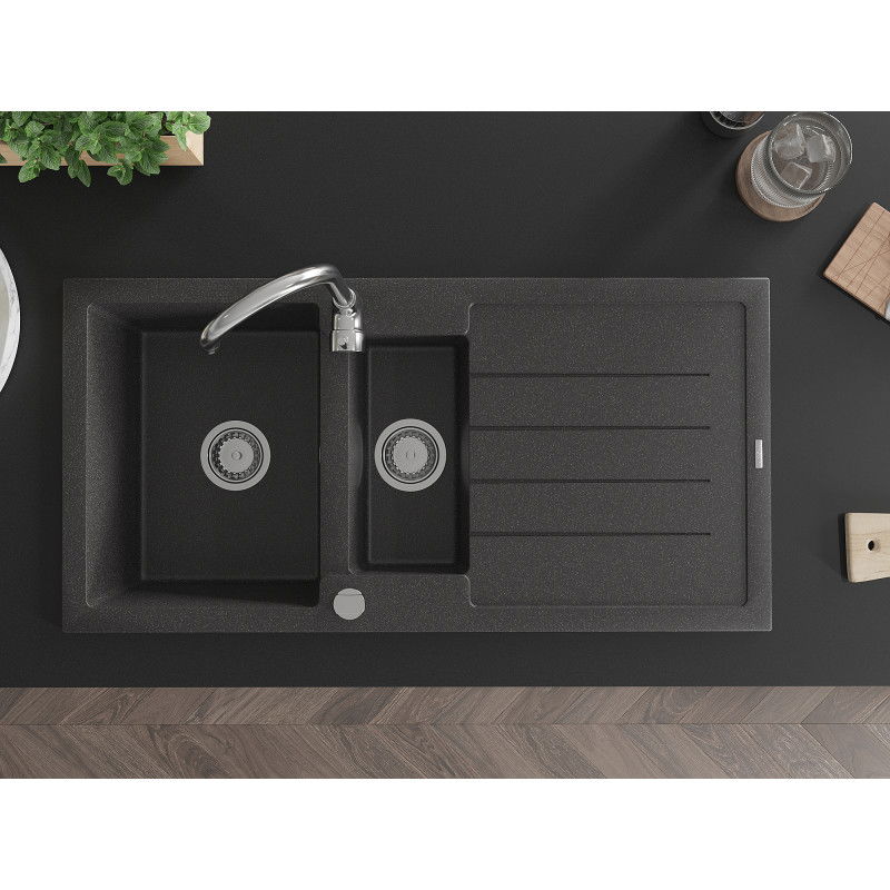 Mexen Andres granitový dřez 1,5-komorový s odkapávačem 1000 x 500 mm, černý skvrnitý, sifon chrom - 6515101510-76