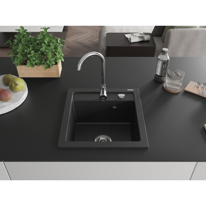 Mexen Vito granitový dřez 1-komorový 520 x 490 mm, černý/stříbrný metalický, sifon chrom - 6503521000-73