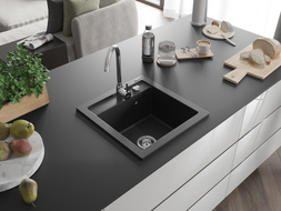 Mexen Vito granitový dřez 1-komorový 520 x 490 mm, černý/stříbrný metalický, sifon chrom - 6503521000-73