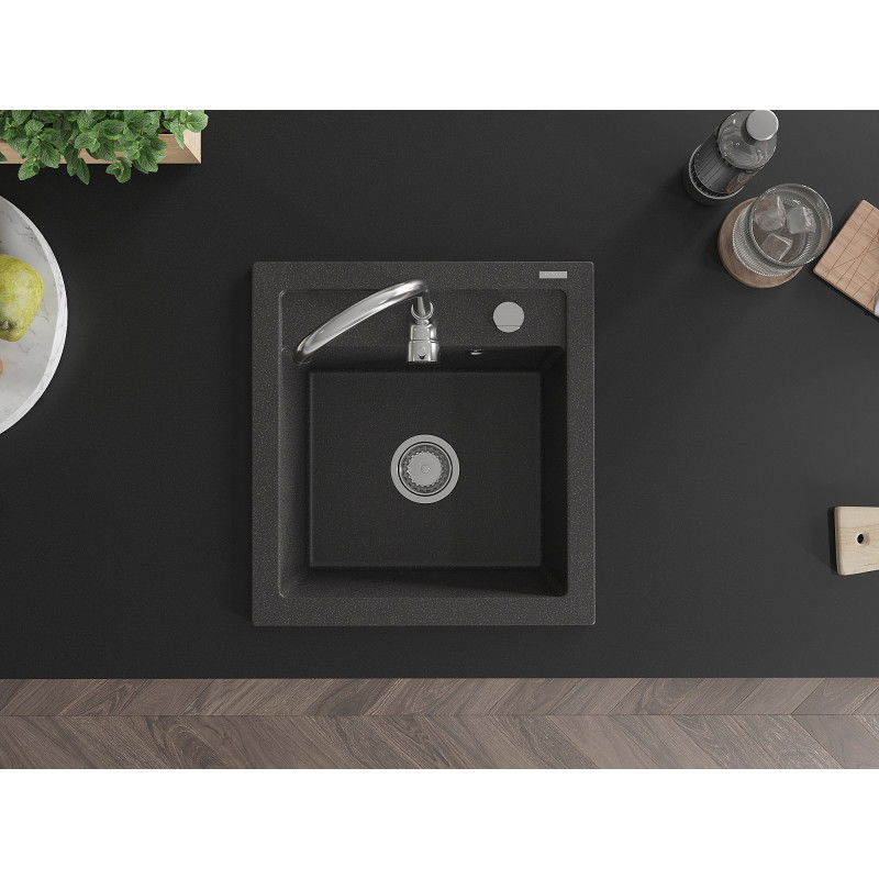 Mexen Vito granitový kuchyňský dřez 1-komorový 520 x 490 mm, černý kropenatý, sifon chrom - 6503521000-76