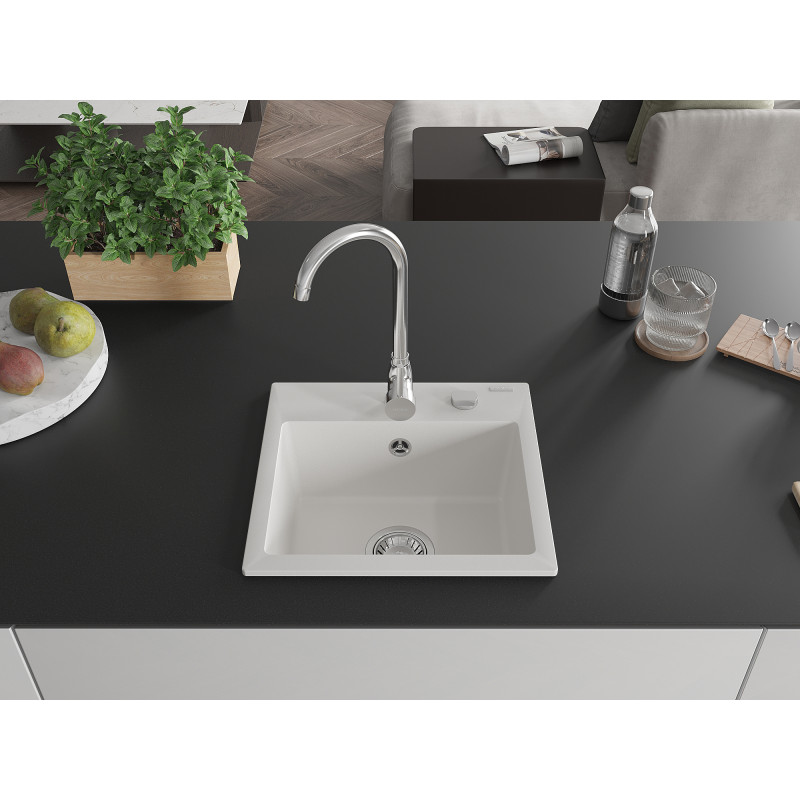 Mexen Milo granitový dřez 1-komorový 435 x 410 mm, bílý, sifon chrom - 6505441000-20