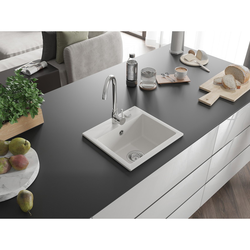 Mexen Milo granitový dřez 1-komorový 435 x 410 mm, bílý, sifon chrom - 6505441000-20