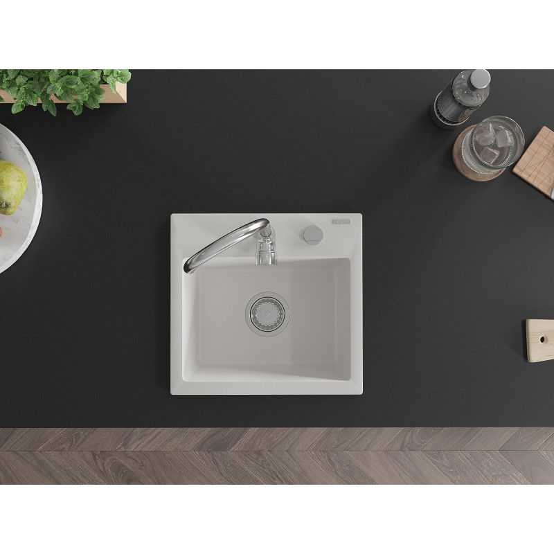 Mexen Milo dřez granitový 1-komorový 435 x 410 mm, bílý, sifon chrom - 6505441000-20